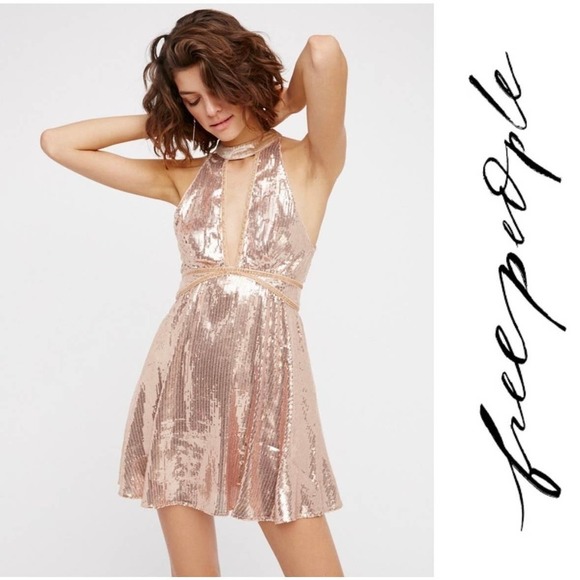 Free People Dresses & Skirts - Free People Film Noir Sequined A-Line Party Dress in Gold Rose Size 4 NEW